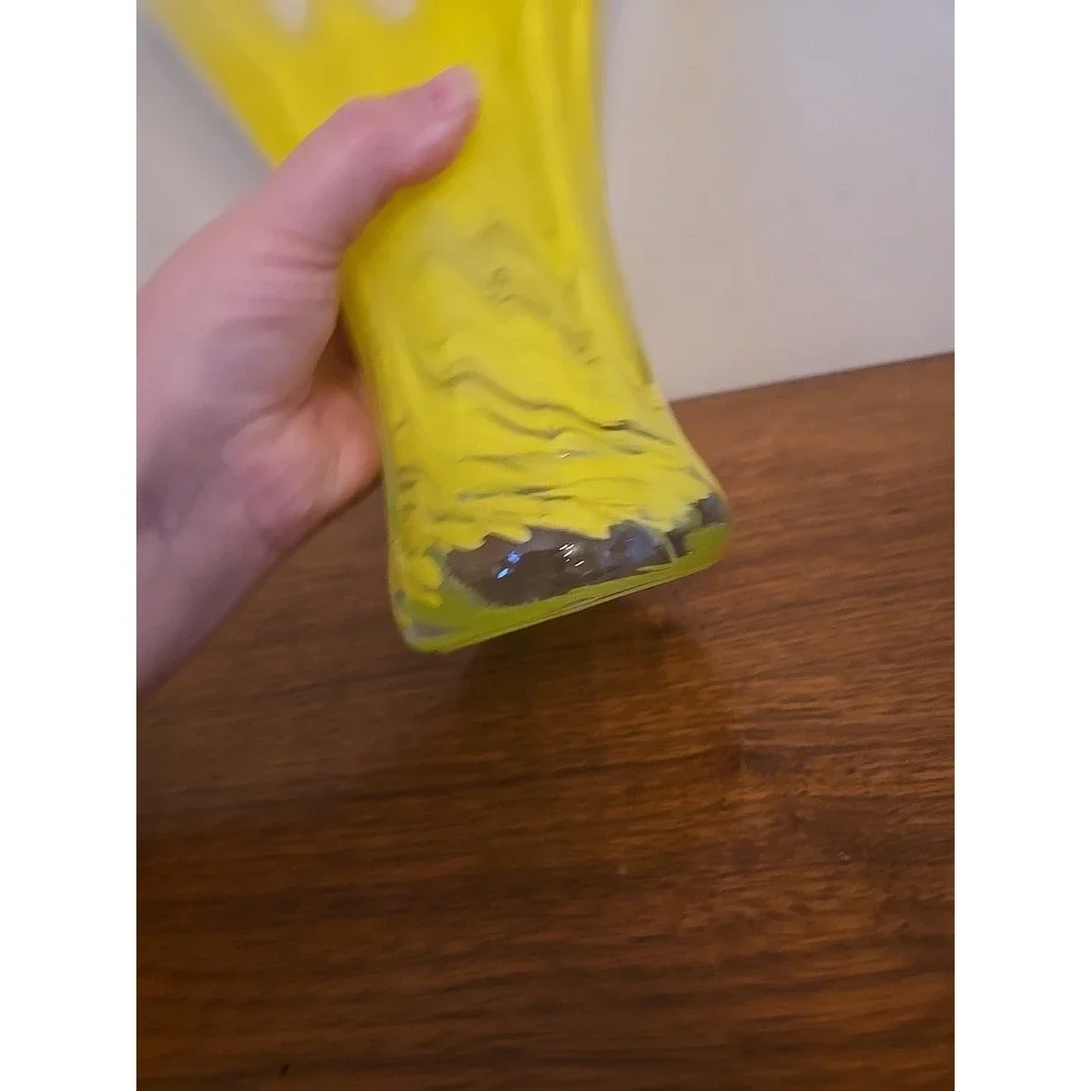 Vintage Dramatic Art Glass Yellow Swirl Swung Wave Vase Clear 11.25in